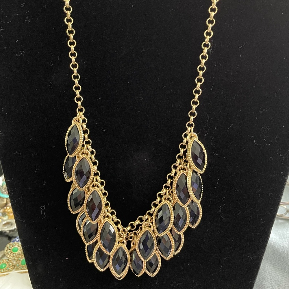 Estate necklace gold tone black glass beads